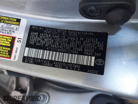 2023 Toyota Camry LE z VIN 4T1C11AK5PU127664, wystawiony jako IAAI lot #41653925 z przebiegiem 24 378 mil mil oraz . Historia ofert i sprzedaży dostępna na DreamBid. Obrazek 9.
