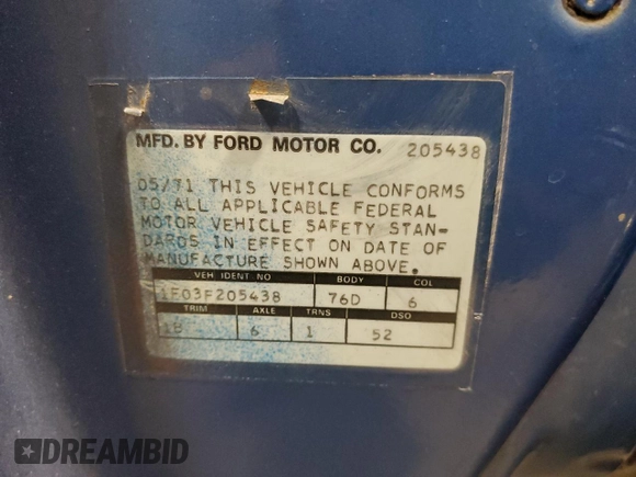 1971 Ford Mustang с VIN 1F03F205438, выставлен на аукционе Copart как лот 88159885 с пробегом 8 322 миль миль и Списание • Salvage title. История ставок и продаж доступна на DreamBid. Изображение 12.