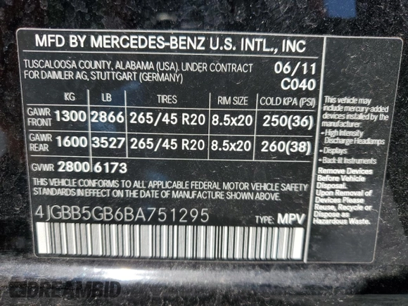 2011 Mercedes-Benz M 350 with VIN 4JGBB5GB6BA751295, listed as a Copart auction lot 44600815 with 80,125 mi miles and Salvage title. Bid and sale history available at DreamBid. Image 14.
