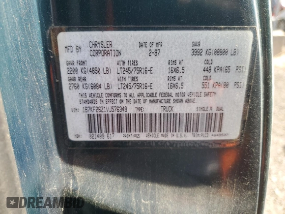 1997 Dodge 2500 with VIN 1B7KF26Z1VJ576349, listed as a Copart auction lot 53620055 with 204,033 mi miles and Salvage Title. Bid and sale history available at DreamBid. Image 12.