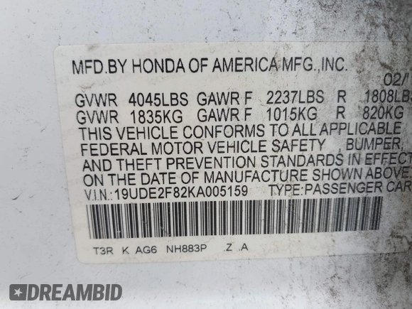 2019 Acura ILX Premium with VIN 19UDE2F82KA005159, listed as a IAAI auction lot 42406355 with 80,126 mi miles and . Bid and sale history available at DreamBid. Image 9.
