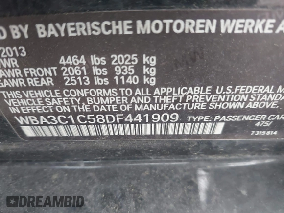 2013 BMW 3 Series 328i with VIN WBA3C1C58DF441909, listed as a IAAI auction lot 41915194 with 161,689 mi miles and . Bid and sale history available at carsss.com. Image 9.