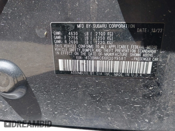 2024 Subaru Legacy Premium with VIN 4S3BWAC66R3019581, listed as a IAAI auction lot 42285356 with 24,396 mi miles and . Bid and sale history available at DreamBid. Image 9.