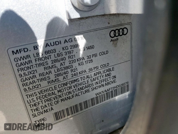 2017 Audi Q7 Prestige with VIN WA1VAAF72HD028376, listed as a Copart auction lot 56386995 with 87,027 mi miles and Salvage title. Bid and sale history available at DreamBid. Image 14.