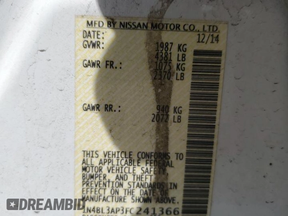 2015 Nissan Altima SL with VIN 1N4BL3AP3FC241366, listed as a Copart auction lot 50905445 with 151,491 mi miles and Salvage title. Bid and sale history available at DreamBid. Image 12.