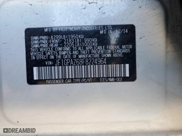 2015 Subaru Impreza Wagon 2.0i Sport Limited with VIN JF1GPAZ68F8224964, listed as a Copart auction lot 46189405 with NaN miles and Salvage Title. Bid and sale history available at carsss.com. Image 13.