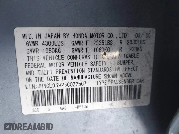 2005 Acura TSX with VIN JH4CL96925C022567, listed as a IAAI auction lot 41815552 with 168,569 mi miles and . Bid and sale history available at DreamBid. Image 9.