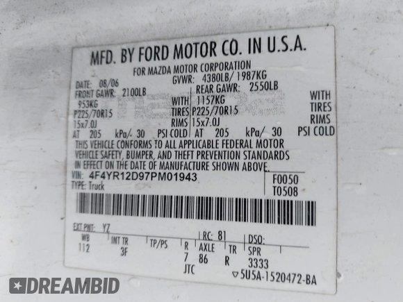2007 Mazda B-Series Truck with VIN 4F4YR12D97PM01943, listed as a IAAI auction lot 42192202 with 377,664 mi miles and . Bid and sale history available at DreamBid. Image 9.