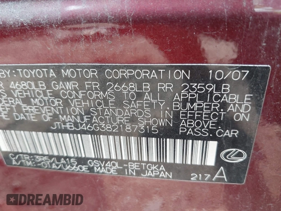 2008 Lexus ES 330 z VIN JTHBJ46G382187315, wystawiony jako IAAI lot #42491535 z przebiegiem 213 610 mil mil oraz . Historia ofert i sprzedaży dostępna na DreamBid. Obrazek 9.