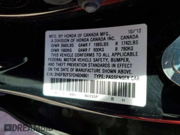 2012 Honda Civic LX with VIN 2HGFB2F57CH604861, listed as a Copart auction lot 50294515 with 130,214 mi miles and Salvage Title. Bid and sale history available at DreamBid. Image 14.