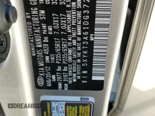 2013 Kia Sorento LX with VIN 5XYKT3A61DG372659, listed as a Copart auction lot 57787855 with 61,489 mi miles and Salvage title. Bid and sale history available at DreamBid. Image 13.