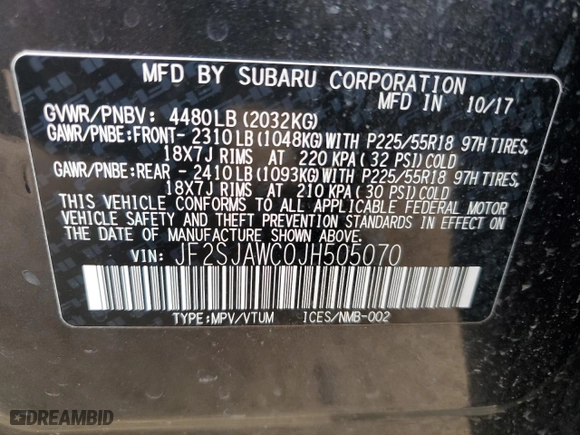 2018 Subaru Forester Touring with VIN JF2SJAWC0JH505070, listed as a Copart auction lot 46833265 with 73,820 mi miles and Salvage Title. Bid and sale history available at carsss.com. Image 13.