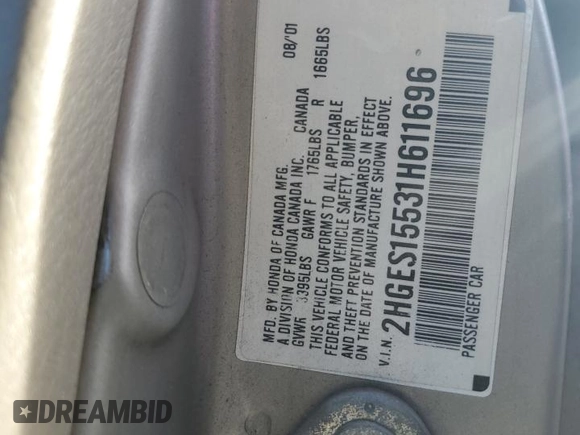 2001 Honda Civic LX with VIN 2HGES15531H611696, listed as a Copart auction lot 73084574 with 187,311 mi miles and Salvage Title. Bid and sale history available at carsss.com. Image 12.