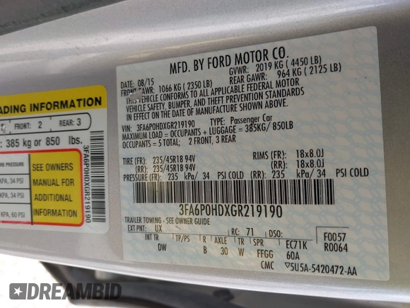2016 Ford Fusion SE with VIN 3FA6P0HDXGR219190, listed as a IAAI auction lot 41936584 with 146,716 mi miles. Bid and sale history available at carsss.com. Image 9.