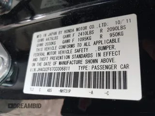 2012 Acura TSX Tech Pkg with VIN JH4CU2F67CC006811, listed as a IAAI auction lot 42020837 with 82,846 mi miles. Bid and sale history available at carsss.com. Image 9.