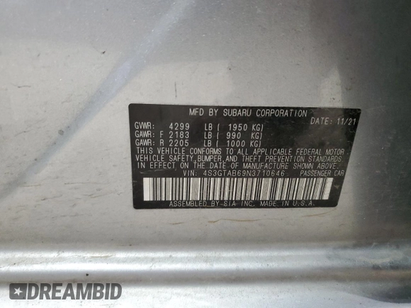 2022 Subaru Impreza z VIN 4S3GTAB69N3710646, wystawiony jako Copart lot #55578495 z przebiegiem 85 823 mil mil oraz Szkody całkowita. Historia ofert i sprzedaży dostępna na DreamBid. Obrazek 13.