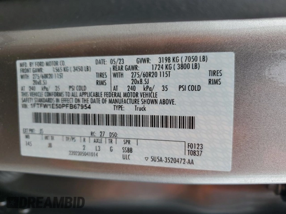 2023 Ford F-150 XL с VIN 1FTFW1E50PFB67954, выставлен на аукционе Copart как лот 51369995 с пробегом 56 024 миль миль и Списание • Salvage title. История ставок и продаж доступна на DreamBid. Изображение 12.