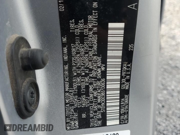 2011 Toyota Sienna XLE AAS with VIN 5TDYK3DC9BS130636, listed as a Copart auction lot 55068225 with 181,025 mi miles and Salvage Title. Bid and sale history available at DreamBid. Image 14.
