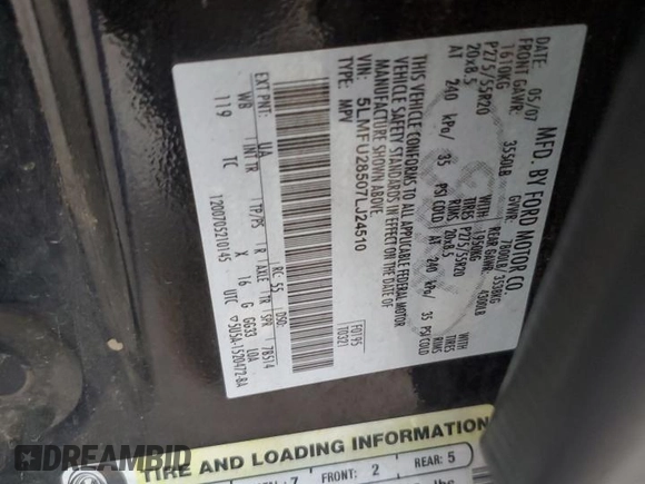 2007 Lincoln Navigator with VIN 5LMFU28507LJ24510, listed as a Copart auction lot 60922495 with 152,984 mi miles and Salvage title. Bid and sale history available at DreamBid. Image 13.