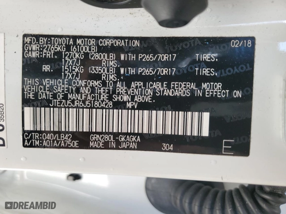 2018 Toyota 4Runner SR5 with VIN JTEZU5JR6J5180428, listed as a Copart auction lot 48607755 with 94,222 mi miles and Salvage Title. Bid and sale history available at carsss.com. Image 15.