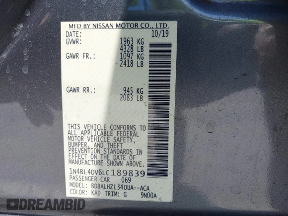 2020 Nissan Altima SV with VIN 1N4BL4DV6LC189839, listed as a IAAI auction lot 42617747 with 69,953 mi miles and . Bid and sale history available at DreamBid. Image 9.