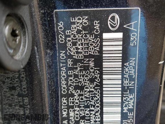 2006 Lexus ES 350 with VIN JTHBA30G365176491, listed as a Copart auction lot 51291854 with 134,237 mi miles and Salvage Title. Bid and sale history available at DreamBid. Image 14.