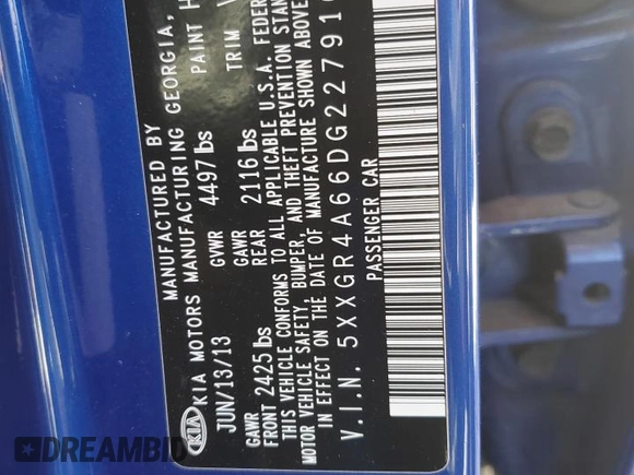 2013 Kia Optima SX with VIN 5XXGR4A66DG227910, listed as a Copart auction lot 61357605 with Not provided miles and Non repairable. Bid and sale history available at DreamBid. Image 13.
