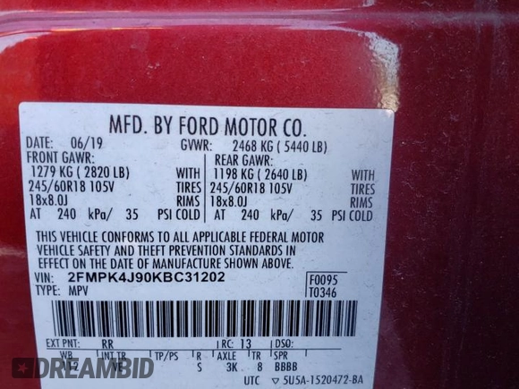 2019 Ford Edge SEL with VIN 2FMPK4J90KBC31202, listed as a Copart auction lot 61411485 with 93,524 mi miles and Clean title. Bid and sale history available at DreamBid. Image 13.