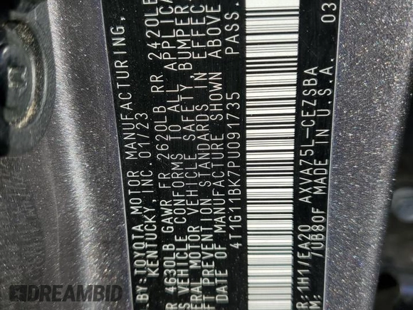 2023 Toyota Camry SE z VIN 4T1G11BK7PU091735, wystawiony jako Copart lot #44305035 z przebiegiem 66 498 mil mil oraz Szkoda całkowita • Salvage title. Historia ofert i sprzedaży dostępna na DreamBid. Obrazek 12.