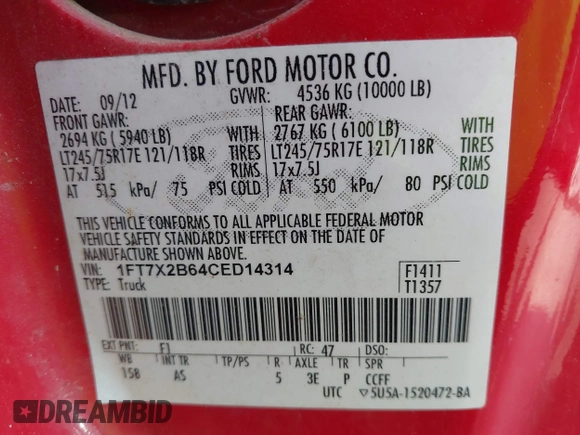 2012 Ford F-250 XL z VIN 1FT7X2B64CED14314, wystawiony jako IAAI lot #42059427 z przebiegiem 126 231 mil mil oraz . Historia ofert i sprzedaży dostępna na DreamBid. Obrazek 9.