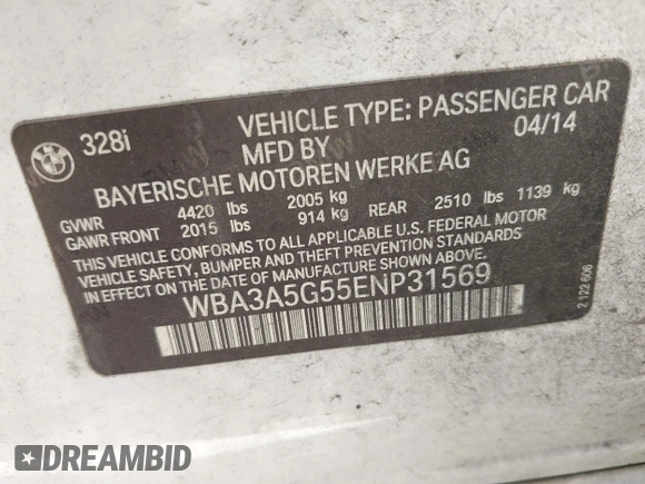 2014 BMW 3 Series 328i with VIN WBA3A5G55ENP31569, listed as a IAAI auction lot 42218428 with 151,927 mi miles and . Bid and sale history available at DreamBid. Image 9.