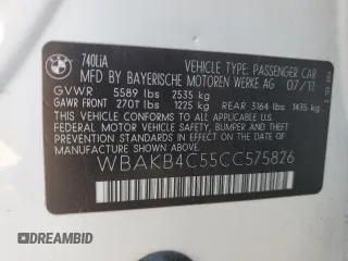 2012 BMW 7 Series 740Li with VIN WBAKB4C55CC575826, listed as a Copart auction lot 74012564 with 140,577 mi miles and Salvage Title. Bid and sale history available at carsss.com. Image 14.