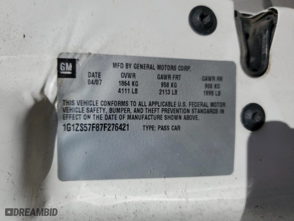 2007 Chevrolet Malibu LS w/1FL with VIN 1G1ZS57F87F276421, listed as a Copart auction lot 50064955 with 134,702 mi miles and Salvage Title. Bid and sale history available at carsss.com. Image 12.