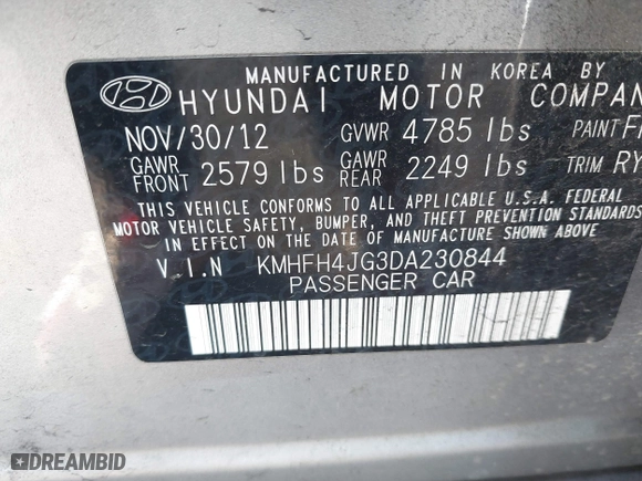 2013 Hyundai Azera with VIN KMHFH4JG3DA230844, listed as a IAAI auction lot 41817997 with 129,163 mi miles. Bid and sale history available at carsss.com. Image 9.