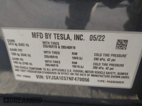 2022 Tesla Model S with VIN 5YJSA1E57NF479056, listed as a IAAI auction lot 42091009 with 78,272 mi miles and . Bid and sale history available at DreamBid. Image 9.