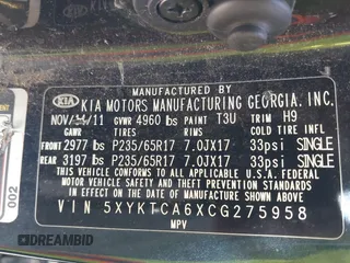 2012 Kia Sorento LX with VIN 5XYKTCA6XCG275958, listed as a IAAI auction lot 41542339 with 390,000 mi miles. Bid and sale history available at carsss.com. Image 9.