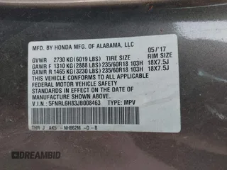2018 Honda Odyssey Touring with VIN 5FNRL6H83JB008463, listed as a IAAI auction lot 41805044 with 65,001 mi miles. Bid and sale history available at carsss.com. Image 9.
