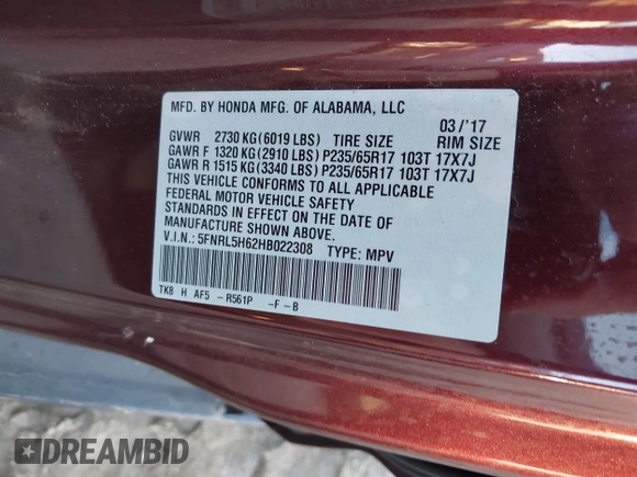 2017 Honda Odyssey EX-L with VIN 5FNRL5H62HB022308, listed as a IAAI auction lot 41213635 with 97,161 mi miles and . Bid and sale history available at DreamBid. Image 9.