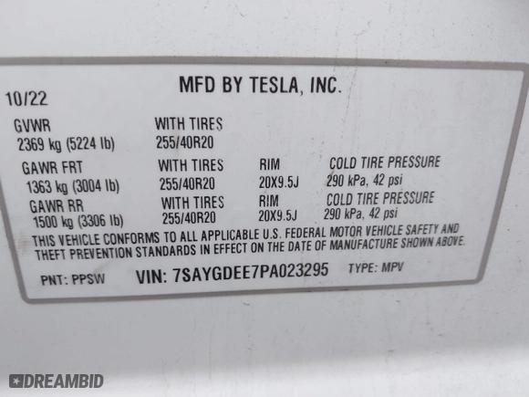 2023 Tesla Model Y Long Range with VIN 7SAYGDEE7PA023295, listed as a IAAI auction lot 41773783 with 28,079 mi miles. Bid and sale history available at carsss.com. Image 9.