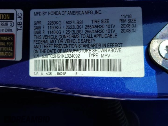 2019 Acura RDX w/A-Spec Pkg with VIN 5J8TC2H61KL024092, listed as a Copart auction lot 45324094 with 82,352 mi miles and Salvage Title. Bid and sale history available at carsss.com. Image 15.