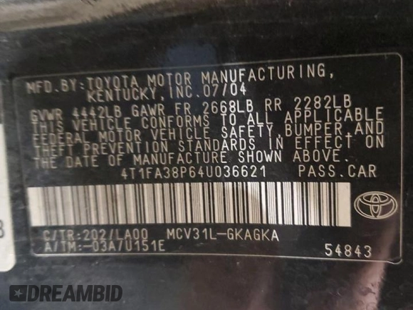 2004 Toyota Solara SE with VIN 4T1FA38P64U036621, listed as a Copart auction lot 46827595 with 127,167 mi miles and Salvage Title. Bid and sale history available at carsss.com. Image 12.