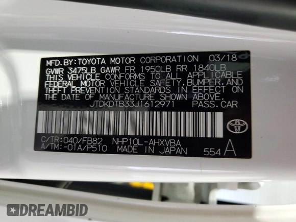 2018 Toyota Prius One with VIN JTDKDTB33J1612971, listed as a Copart auction lot 52892315 with 57,369 mi miles and Clean Title. Bid and sale history available at DreamBid. Image 12.