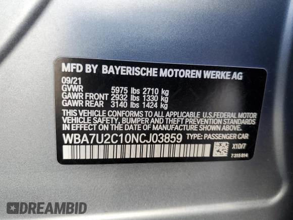 2022 BMW 7 Series with VIN WBA7U2C10NCJ03859, listed as a Copart auction lot 43547095 with 29,516 mi miles and Salvage title. Bid and sale history available at DreamBid. Image 12.