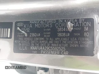 2012 Kia Forte EX with VIN KNAFU4A29C5592525, listed as a IAAI auction lot 41918436 with 190,213 mi miles. Bid and sale history available at carsss.com. Image 9.