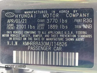 2021 Hyundai Venue SE with VIN KMHRB8A30MU114826, listed as a IAAI auction lot 41779901 with Not Provided miles and . Bid and sale history available at DreamBid. Image 9.