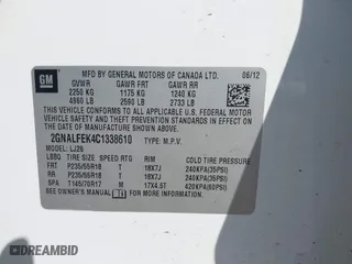 2012 Chevrolet Equinox LTZ with VIN 2GNALFEK4C1338610, listed as a IAAI auction lot 41884959 with 165,560 mi miles. Bid and sale history available at carsss.com. Image 9.