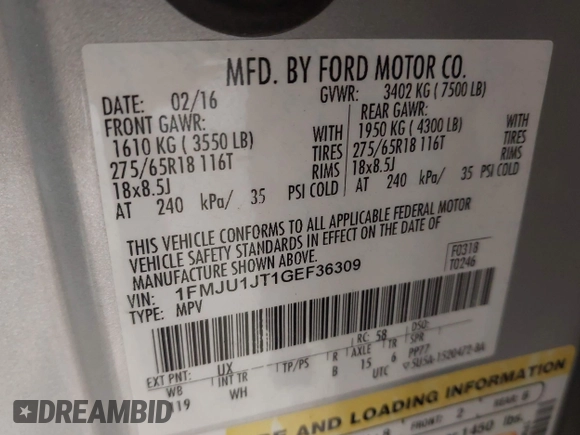 2016 Ford Expedition XLT with VIN 1FMJU1JT1GEF36309, listed as a IAAI auction lot 42023432 with 162,087 mi miles and . Bid and sale history available at DreamBid. Image 9.