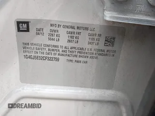 2012 Buick LaCrosse Touring with VIN 1G4GJ5E32CF322759, listed as a IAAI auction lot 42059855 with 157,470 mi miles and . Bid and sale history available at DreamBid. Image 9.