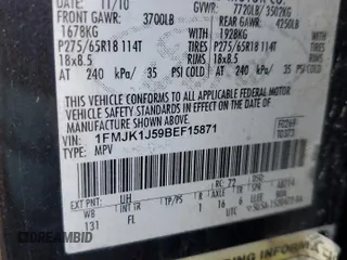 2011 Ford Expedition EL XLT with VIN 1FMJK1J59BEF15871, listed as a Copart auction lot 52569345 with 246,250 mi miles and Clean Title. Bid and sale history available at carsss.com. Image 13.
