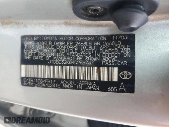 2004 Toyota Camry LE with VIN JTDBE32K840266737, listed as a Copart auction lot 58187325 with 172,013 mi miles and Clean title. Bid and sale history available at DreamBid. Image 12.